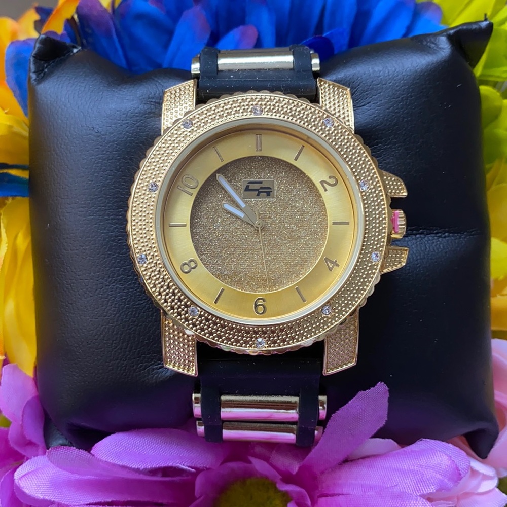 NEW*MEN black silicon gold two tone big face watch - Picture 1 of 8